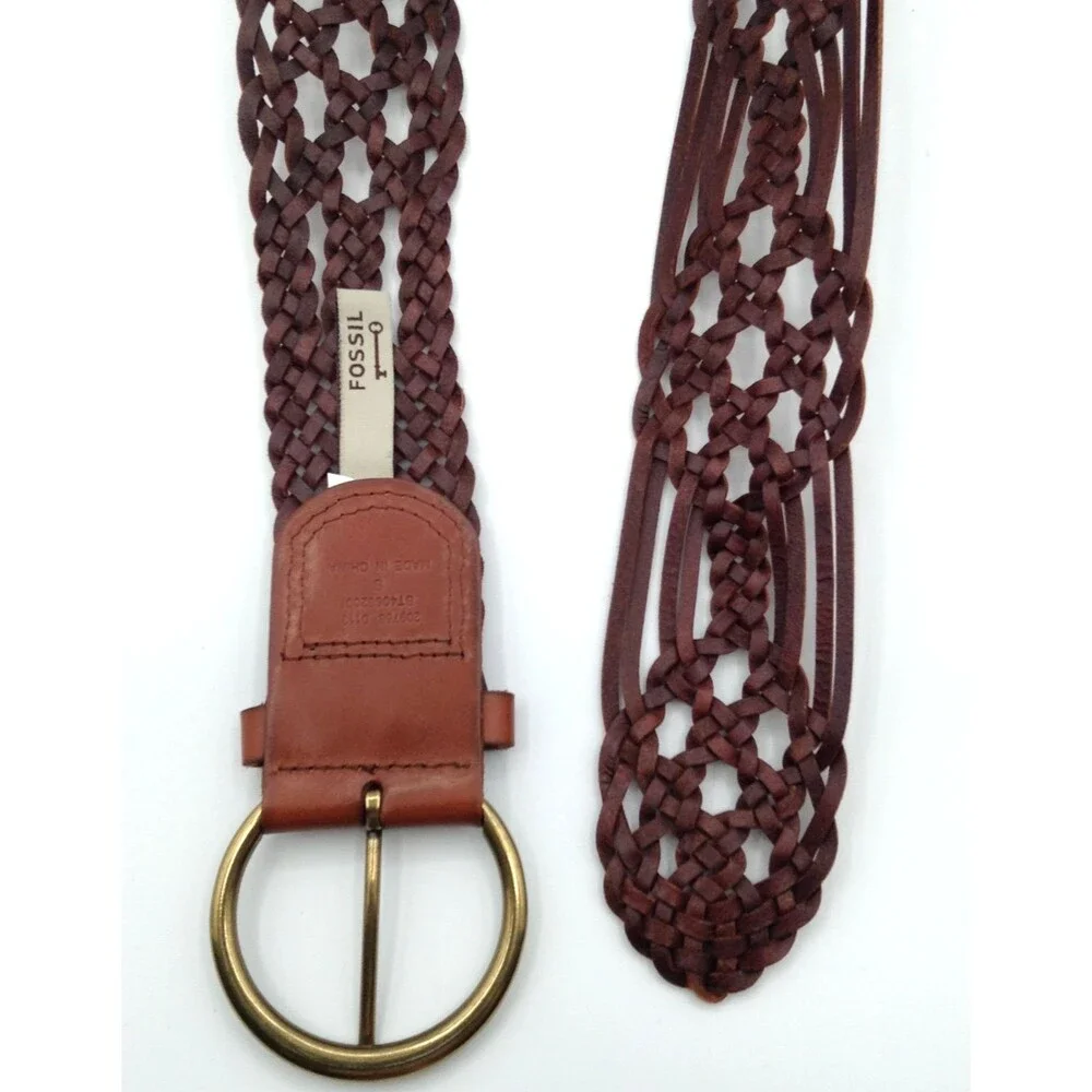 Fossil Belt Wn S Brown Leather Braided Woven Brass Buckle Boho Hippie Western